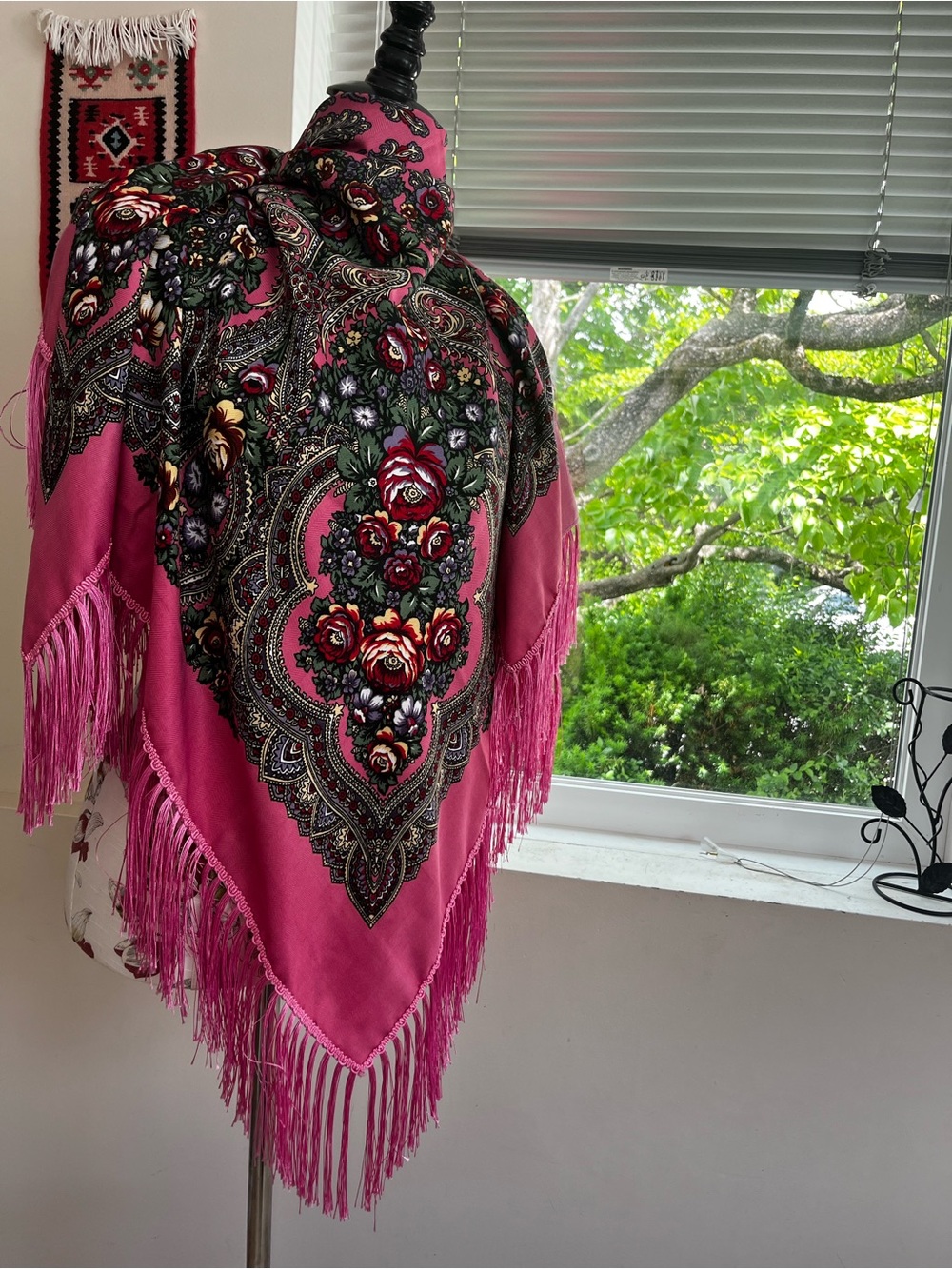 Pink Floral Fringe Shawl Wrap